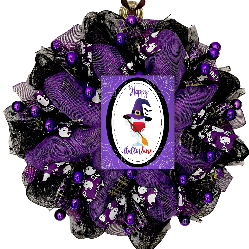 Happy Hallowine Deco Mesh Halloween Wreath