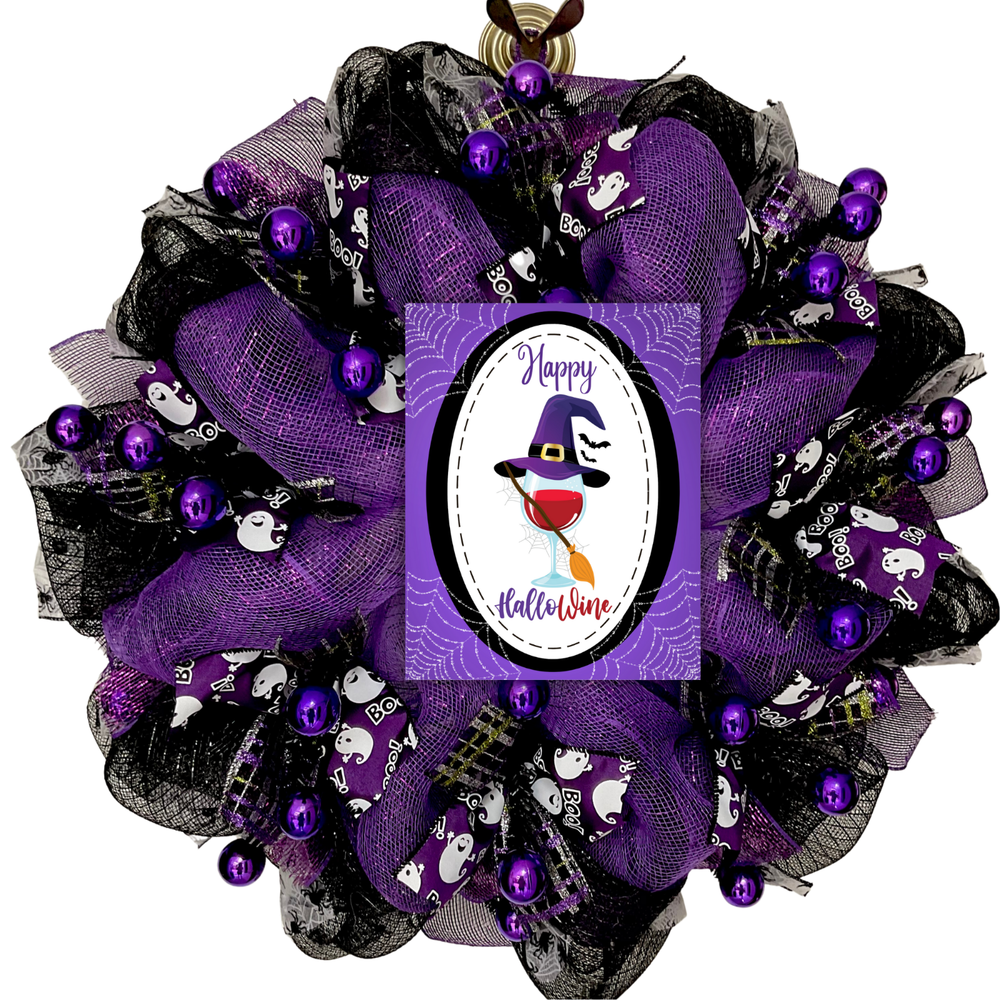 Happy Hallowine Deco Mesh Halloween Wreath