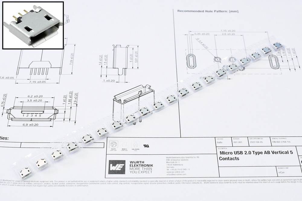 20 Wurth USB Micro AB USB 2.0 Connectors Receptacles 5 Pin  Contacts Panel Mount
