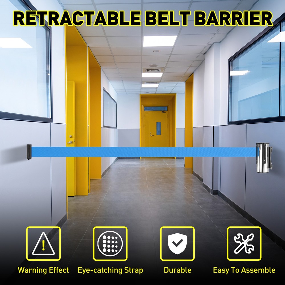9.8 Foot Fixed Wall Mount Retractable Belt Barrier Set, Blue