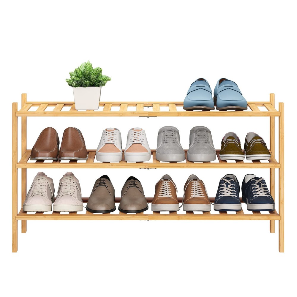 3-Tier Bamboo Extended Shoe Rack Premium Stackable Shoe Shelf Storage Organiz...