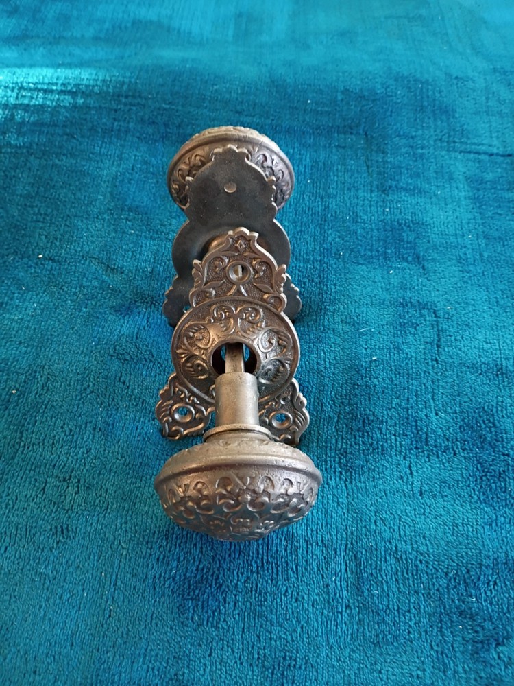 Antique Cast Iron Door Knobs & Back Plates Set .