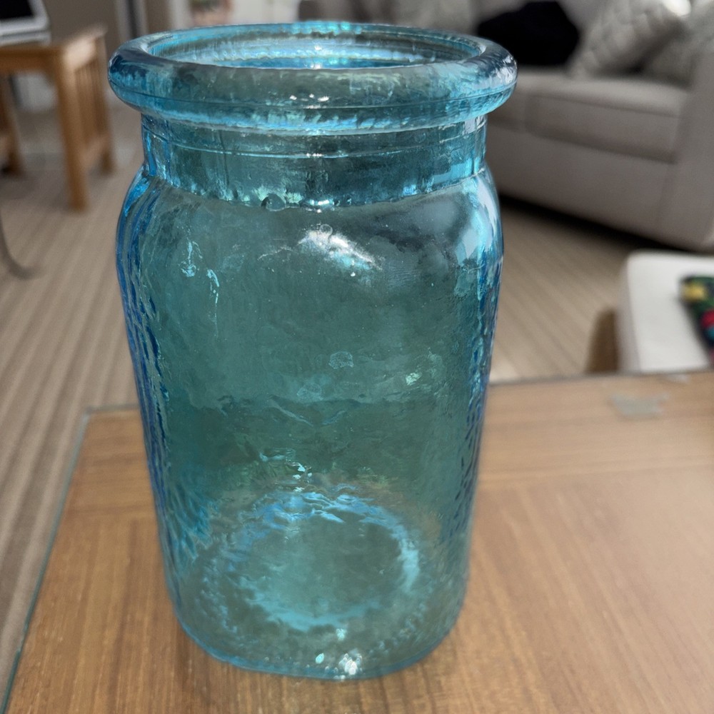 Blue Hammered Texted Decorative Glass Jar/vase Square Base