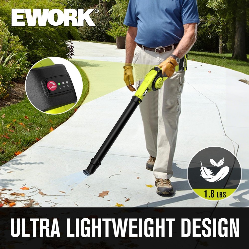EWORK Small Leaf Blower Cordless 21V Powerful 2*2.0Ah Battery, Green