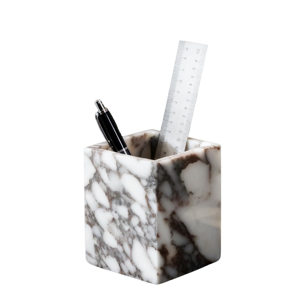 Marble Pen Holder, White Stone Rectangular Desktop Organizer, Office Study Ma...