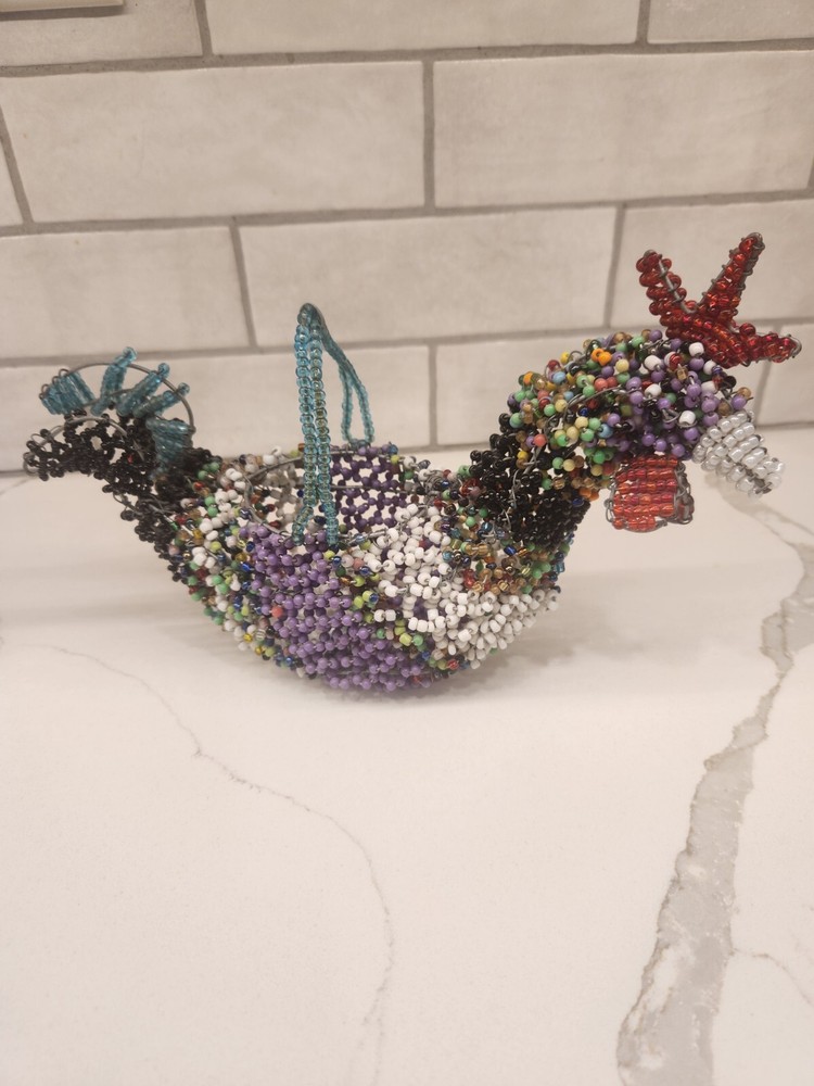 Multicolored Wire Hand Beaded Rooster Basket With Beaded Handle Maker Unknown