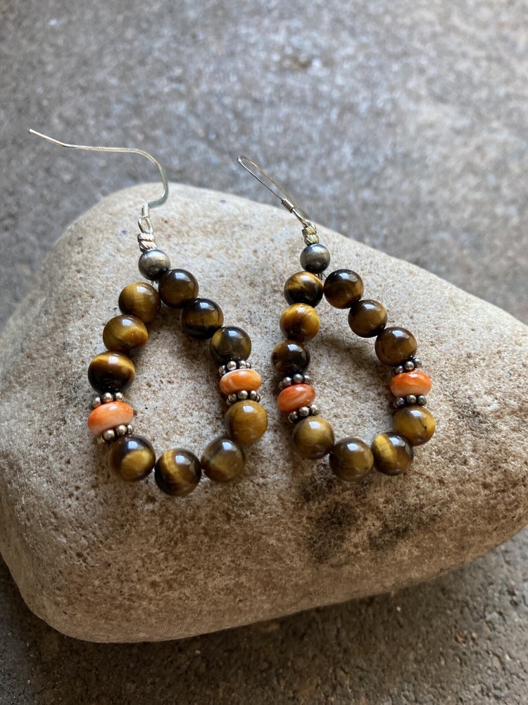 Sterling Silver Tiger’s Eye Spiny Oyster Bead Loop Earrings.