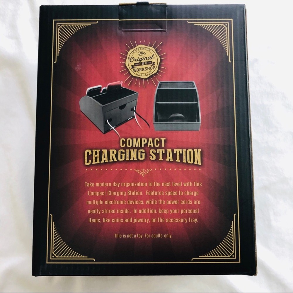 NIB Black Compact Charging Station Organize Multiple Devices HInged Back Panel