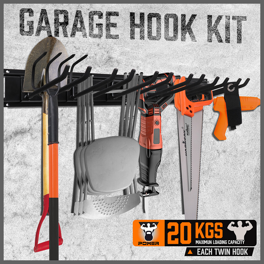 Garage Tool Organization 9pc Double Hooks Holder 64" Utility Rack Wall Mount