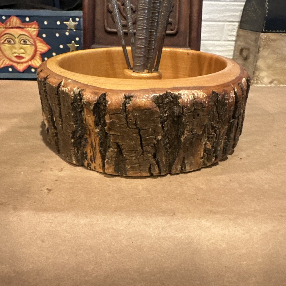 Vintage Nut Bowl Rustic Edge Tree Bark Set with 1 Nutcracker & 4 Picks