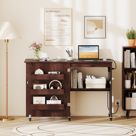 Sewing Machine Table with Charging Station and Lockable Casters-Brown - Color: B