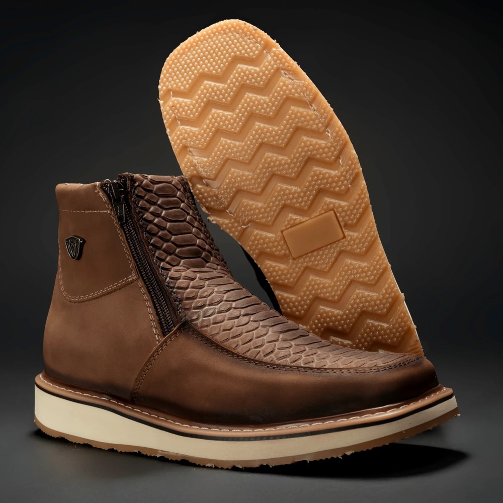 Men's Python Print Leather Square Toe Double Density Boots with Zipper - Tobacco