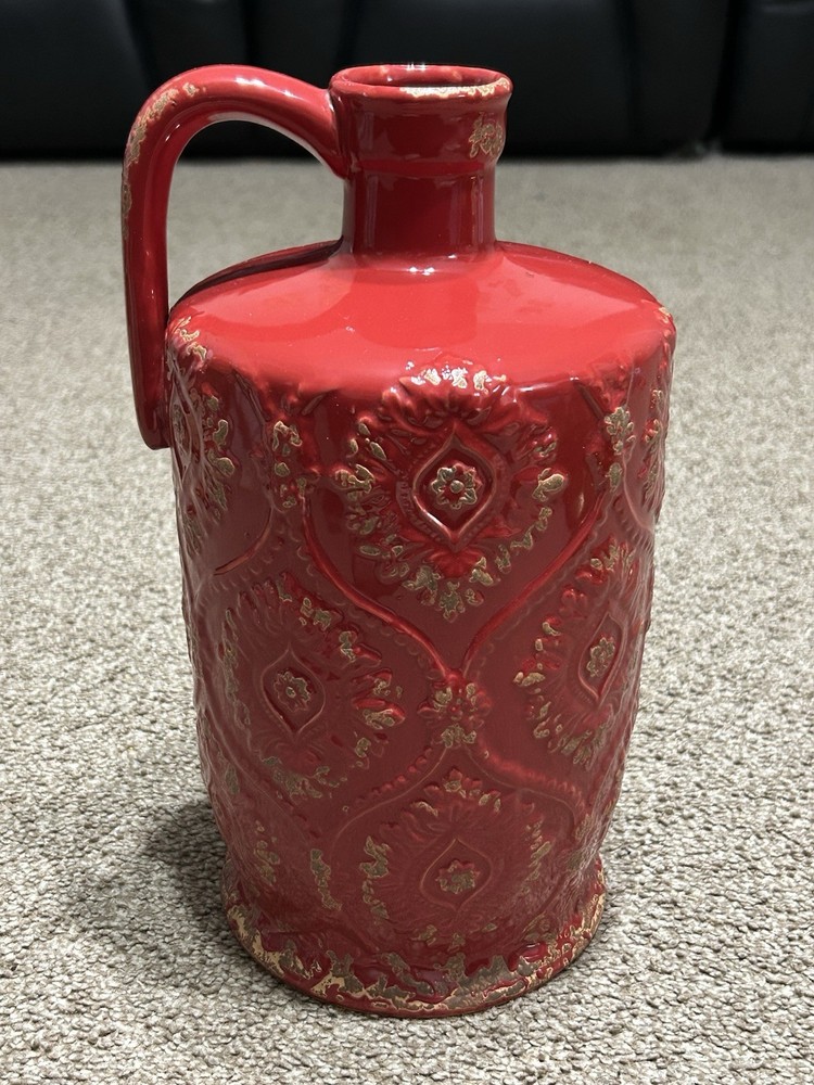 Red Light Brown Weathered Pottery Stoneware Pitcher With Handle 7”x13”