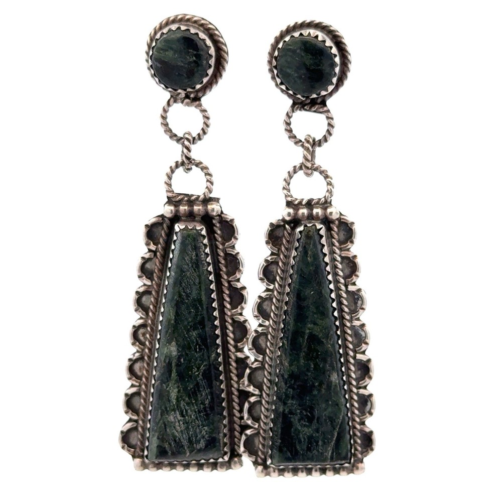 Native American 925 Sterling Silver Long Seraphinite Dangle Statement Earrings