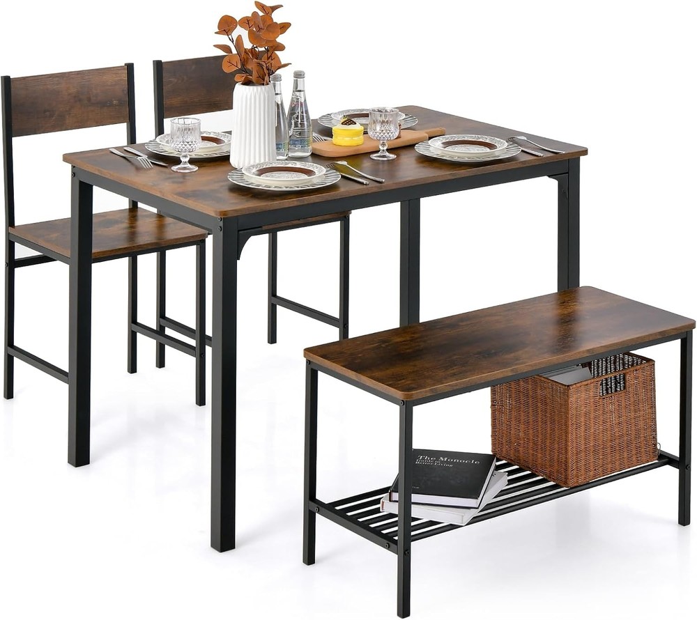 Dining Table Set 4 Kitchen Table W/ Bench & Chairs Industrial Gathering Bench