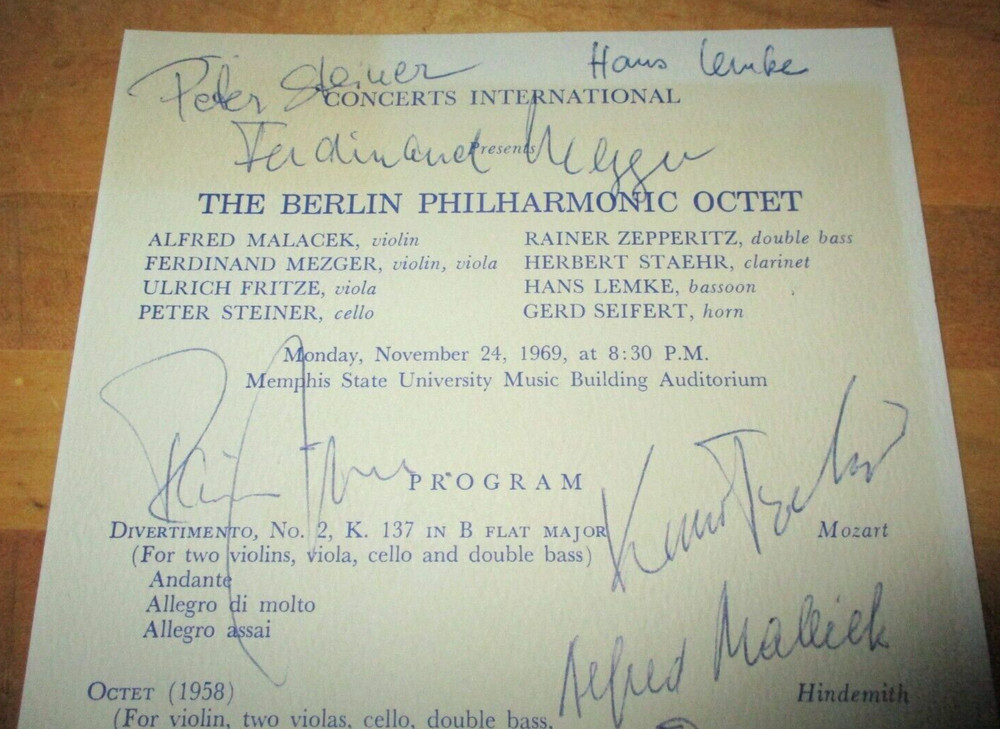 Vintage Berlin Philharmonic Octet Signed Program - 11/24/1969 Performance