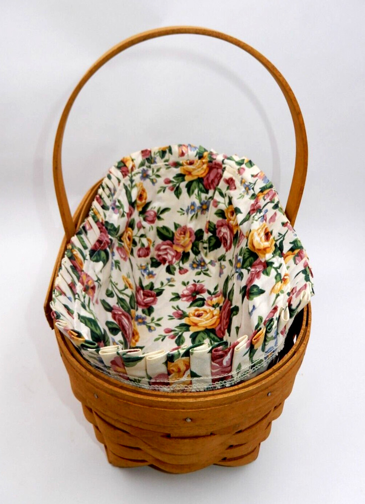 SINGLE HANDLE LONGABERGER BASKET W/ CHORE DIVIDER, PLASTIC & FABRIC LINERS 1999