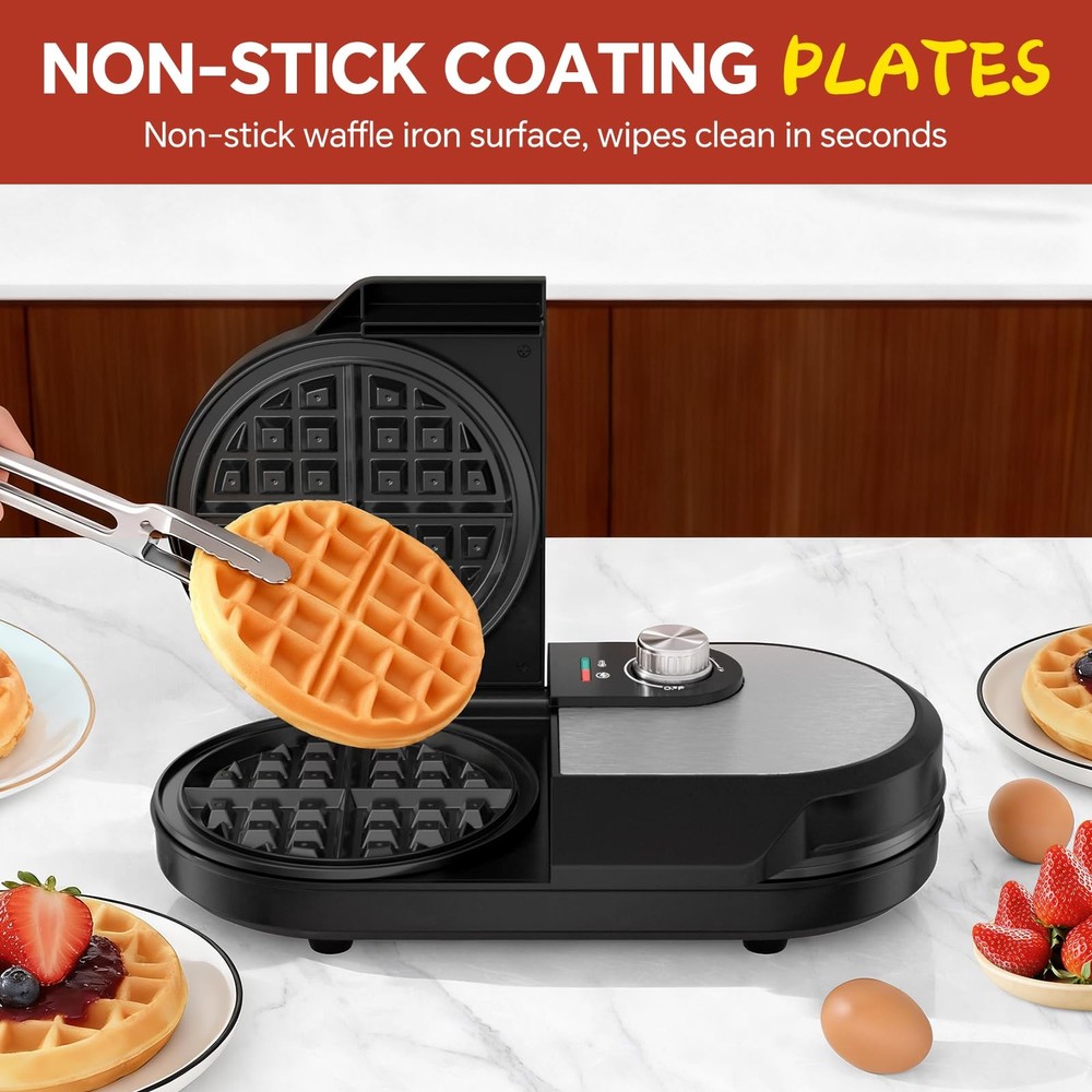 Double Waffle Maker, Belgian 6.5 Inch 2 Slices, Black