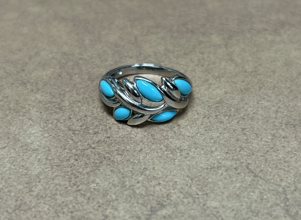 Signed EA Turquoise Colored 925 Sterling Silver Leaf Ring Size 8