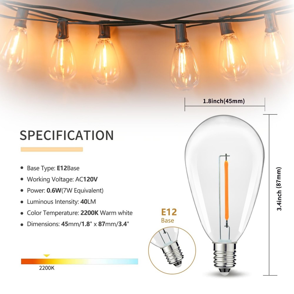 S14 Replacement LED Light Bulbs, Shatterproof & Waterproof 2200k 50pack