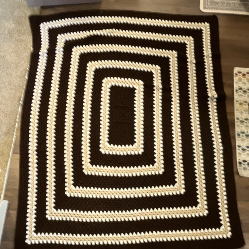 Handmade Crochet Brown White Rectangular Stripe Vintage Bed Throw Blanket