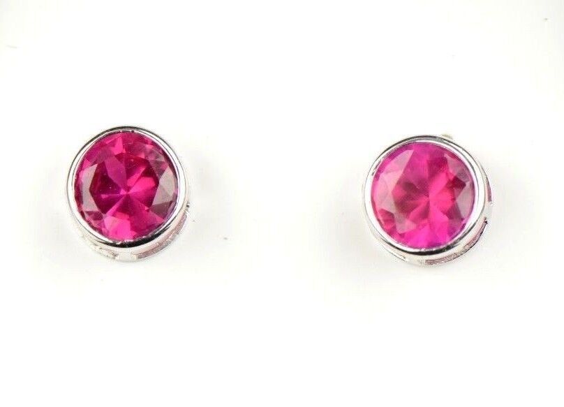 14K Round Bezel Set White Gold Birthstone Earrings