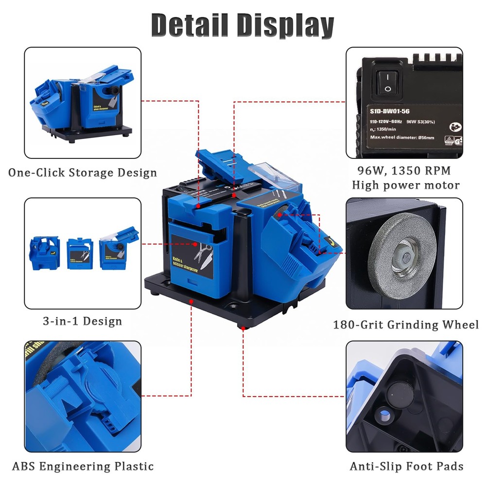 Electric Drill Bit Sharpener, 3-in-1 Multifunction Large, Blue