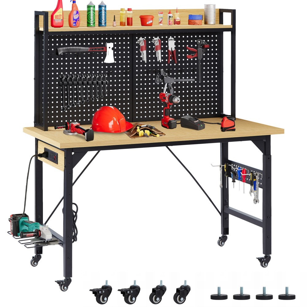 48''Adjustable Workbench with pegboard, Heavy Duty Wooden Desktop
