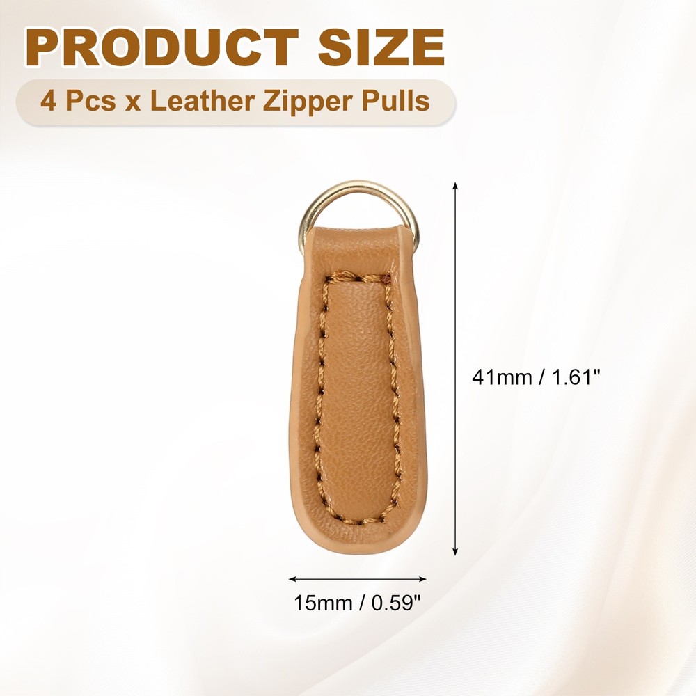 4Pcs Leather Zipper Pull, 1.61 Inch Cowhide Leather Zip Puller(Khaki)
