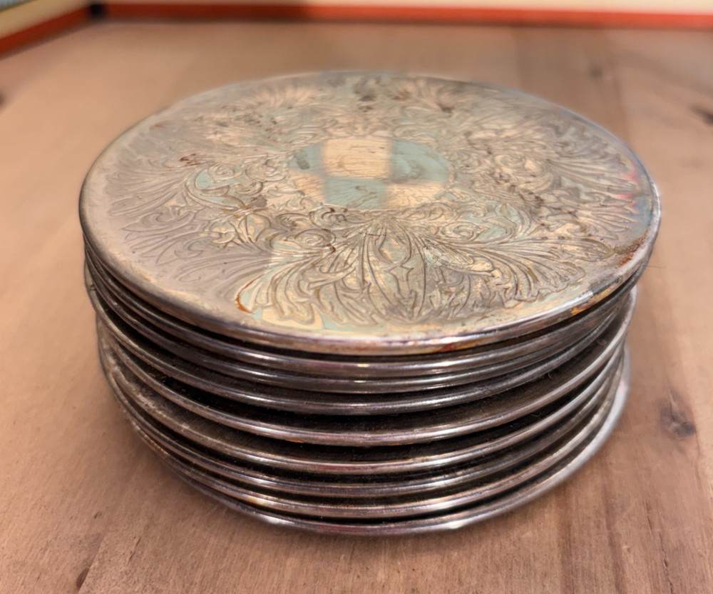 Set 9 Silverplate Coasters, Embossed Floral Pattern, Vintage, 3.5"dia