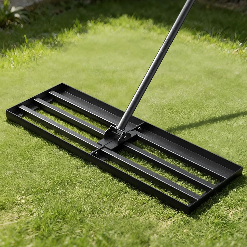 30" Lawn Leveling Rake with Adjustable Handle and Rotating Head, Steel Construct
