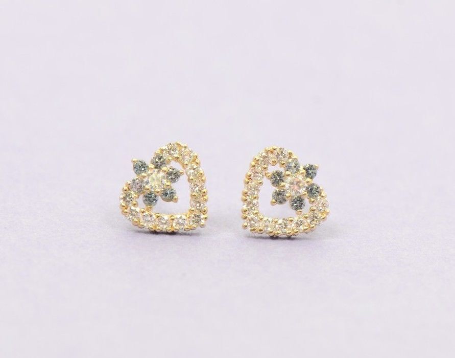 14K Yellow Gold Stud Heart Shape CZ Stud Earrings