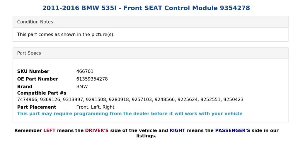 2011-2016 BMW 535I - Front SEAT Control Module 9354278