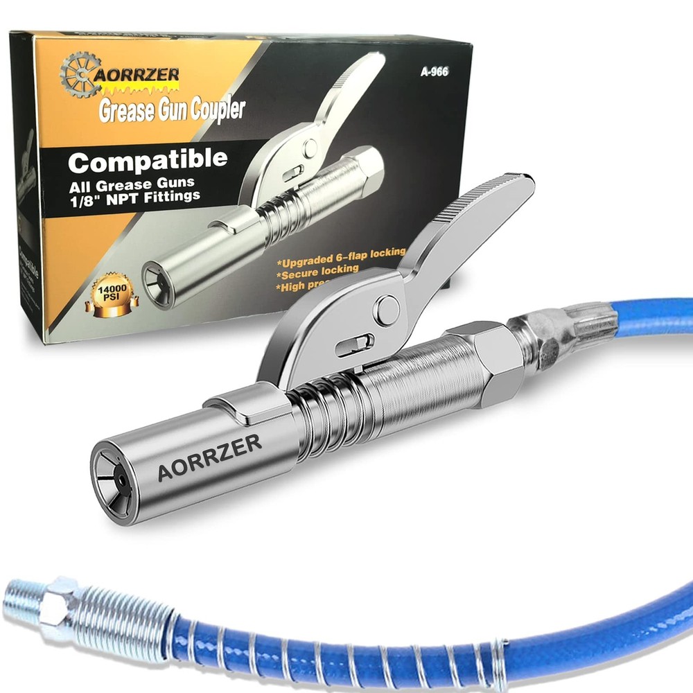 AORRZER Grease Gun Coupler, Strong Lock on Greases 1 pcs+hose, Silver