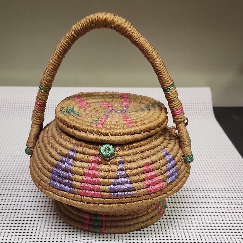 Small Ethnic Handmade Woven Storage Basket with Lid, Handle, Multicolor