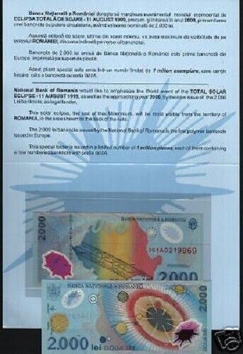 ROMANIA 2000 LEI ( 2,000 ) P-111 1999 Commemorative 1st Prefix POLYMER + FOLDER