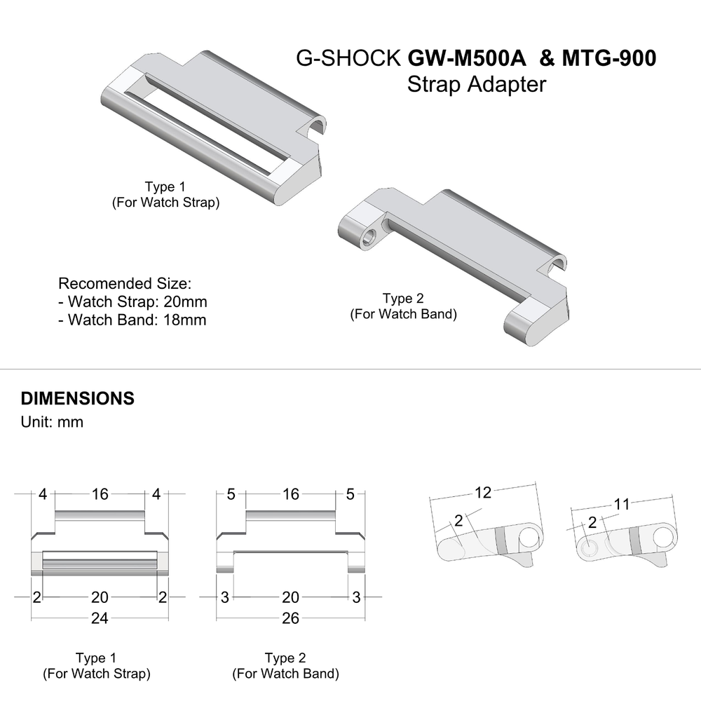 Watch adapter for Casio WS1000H & WS2000H- Multiple Colors Available