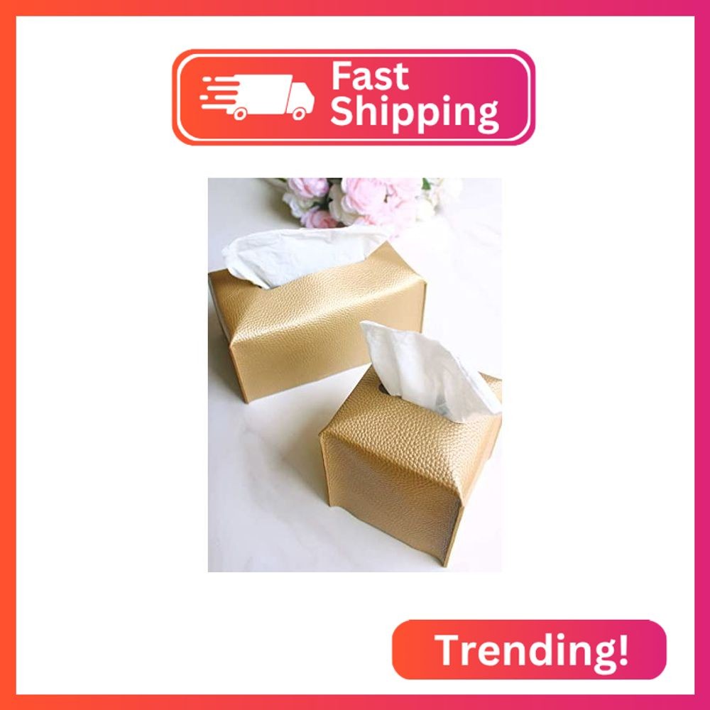 Gold Tissue Box Cover Rectangular – with Bottom Belt [JESMINI] Modern PU Leather