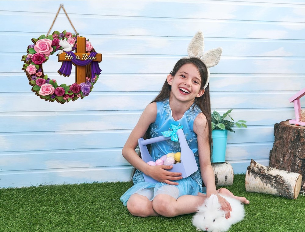 Christian Easter Decorations, He is Risen Easter Wooden Wreath for Front Door...