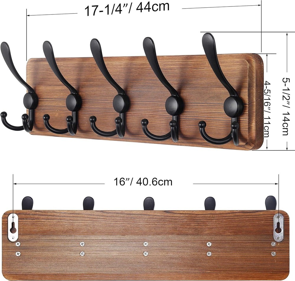Rustic Wall Mounted Coat Rack - 5 Heavy Duty Hooks for Elegant Storage