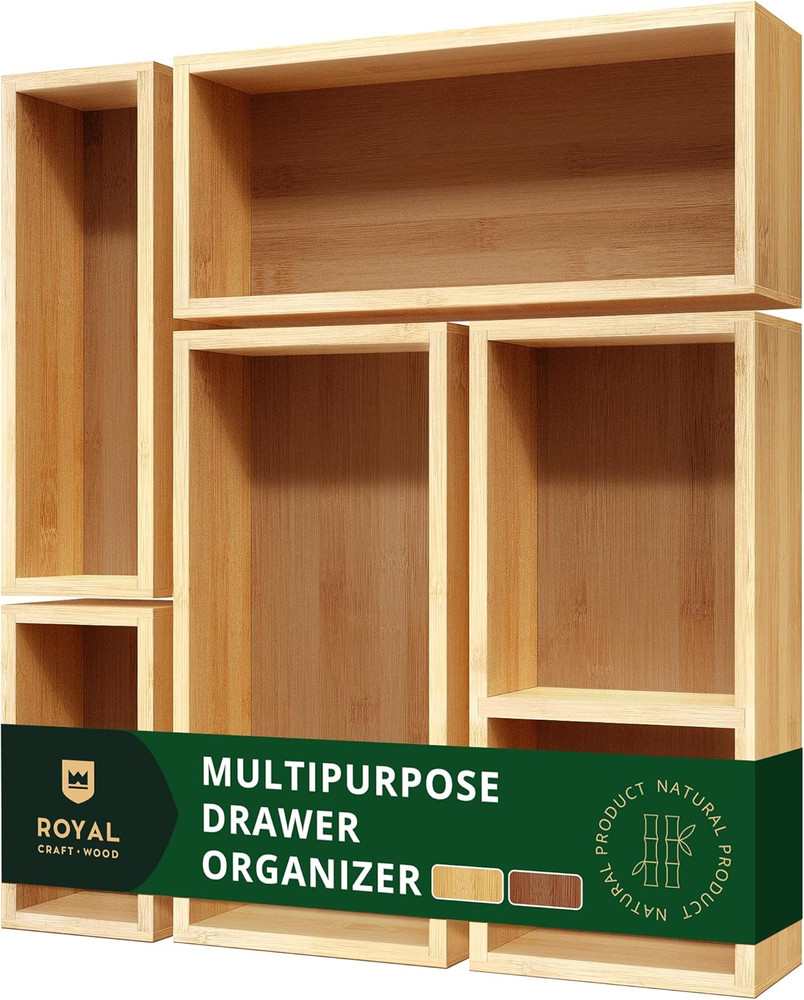 5-Piece Bamboo Drawer Organizer Set – Multi-Use Storage Trays for Kitchen, Ba...
