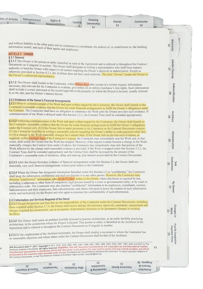 Highlighted & Tabbed - AIA Documents A201 A401 A701 - 2017/18 General Conditions