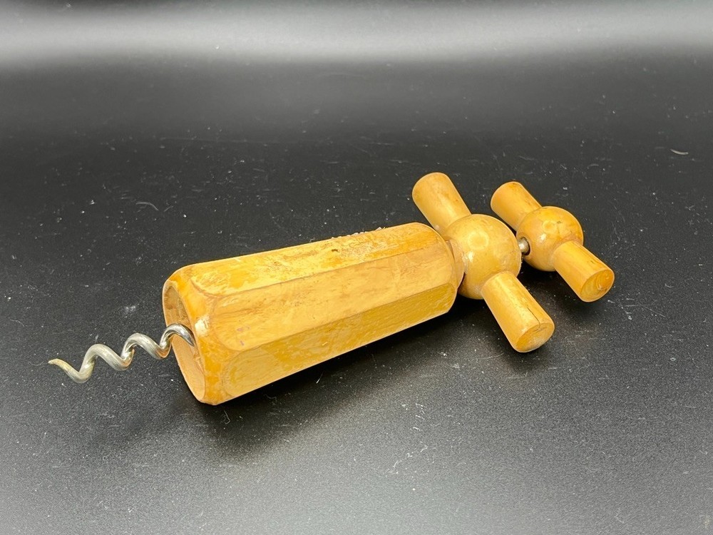 Vintage Wooden Manual Wine CORKSCREW Hand Tool 7" Rustic Barware