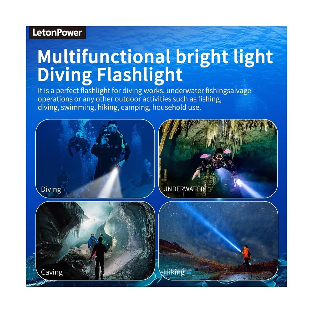 LetonPower Dive Light, Underwater Flashlight, 2000Lumens Dive Lights Scuba Di...