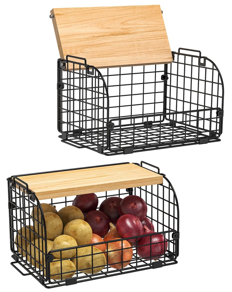2 Set Stackable Wire Basket with Openable Top, Kitchen Counter, Pantry Organi...
