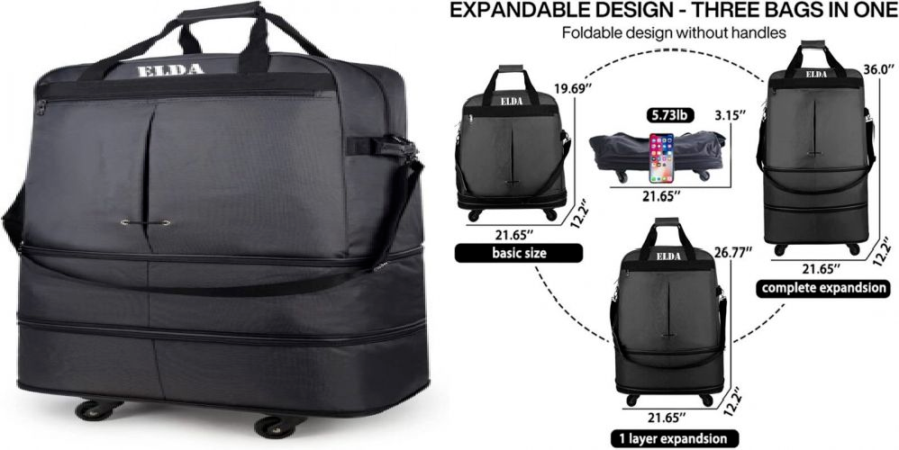 ELDA Expandable Foldable Luggage Suitcase Rolling black 5 Wheels (B305)