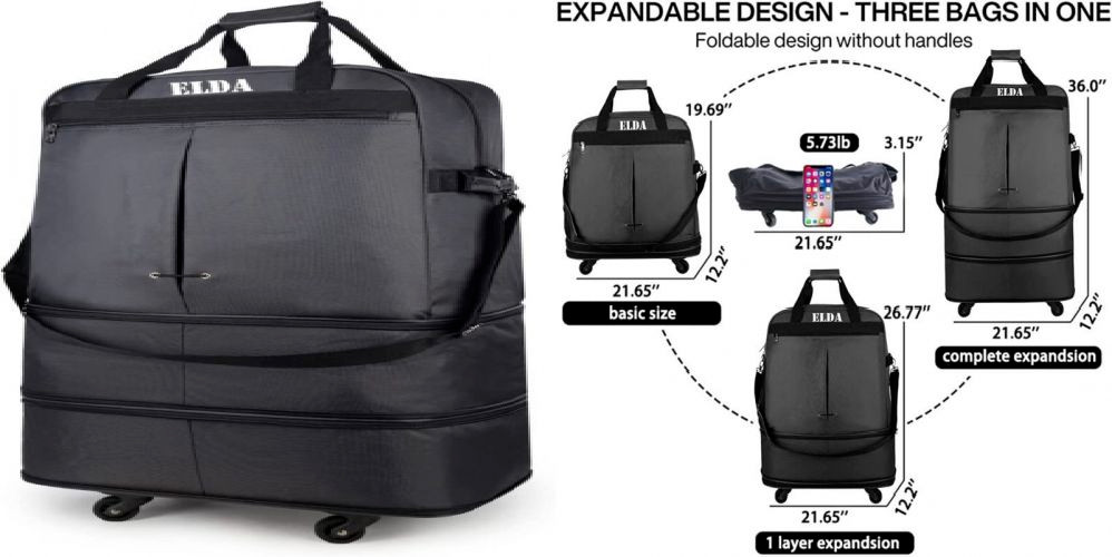 ELDA Expandable Foldable Luggage Suitcase Rolling black 5 Wheels (C34)
