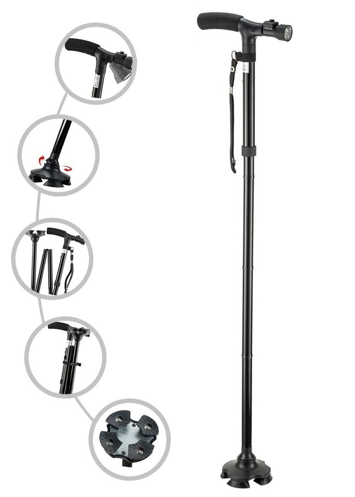 Folding Cane with LED Light, Adjustable Height 33-38" | Pivoting Quad Base for