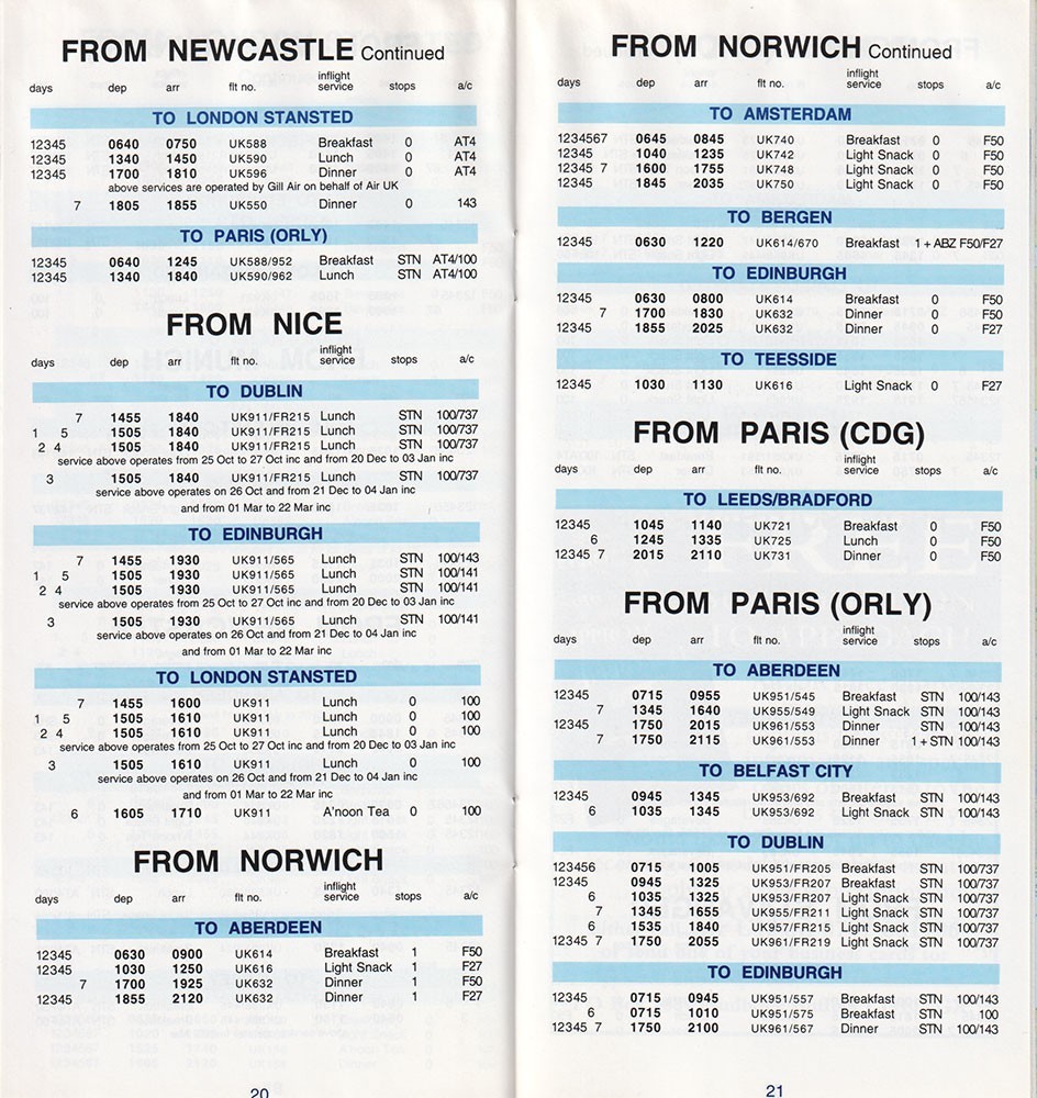 AirUK timetable timetable 1994/10/23