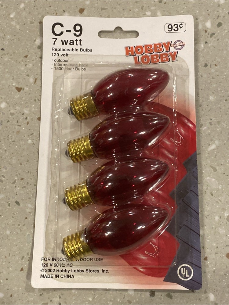 C9 Light Bulbs 4 ea Replacement Red Transparent 7 Watt NIB Vintage 2002